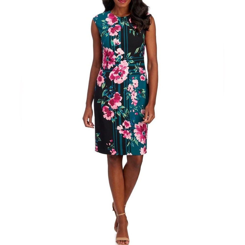 Vince Camuto Pink & Green Sleeveless Sheath Midi Dress
